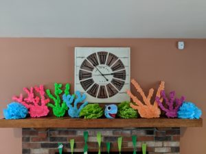 The mantel decorations for Little Man's baby shark party!