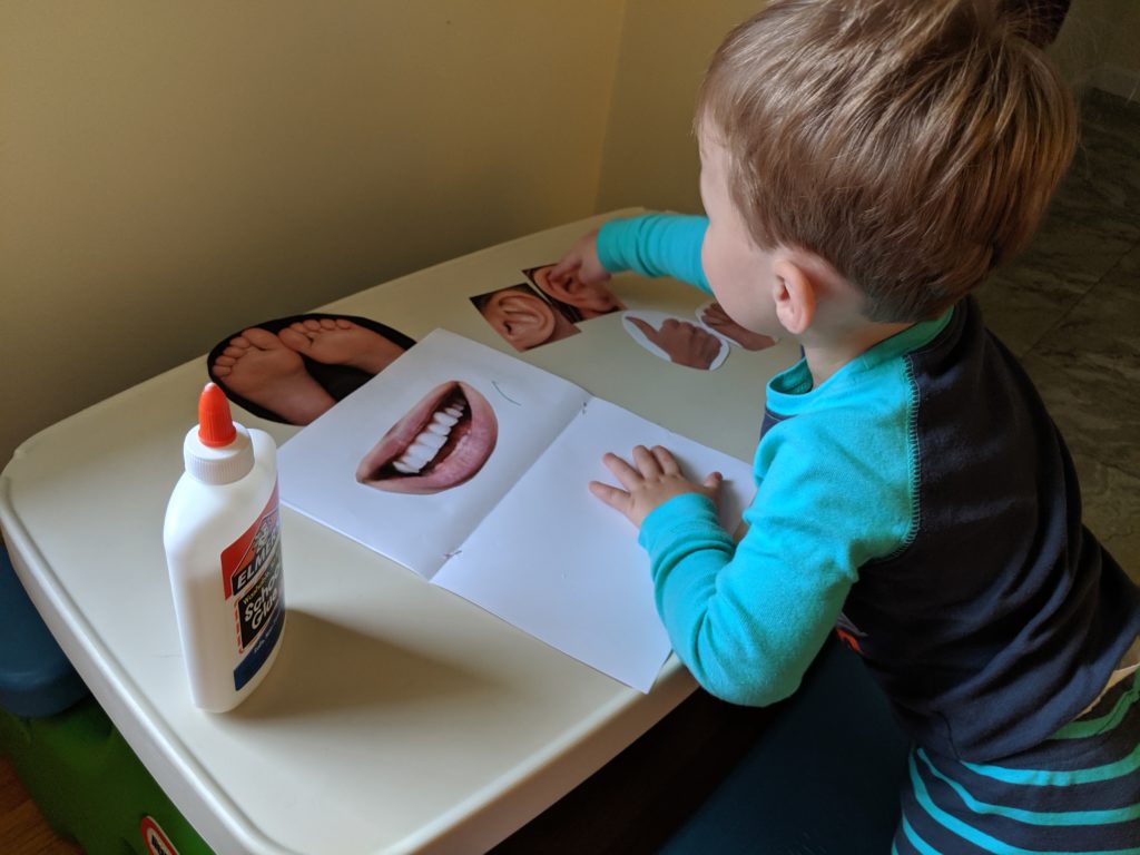 Little Man creating his Body Parts book.